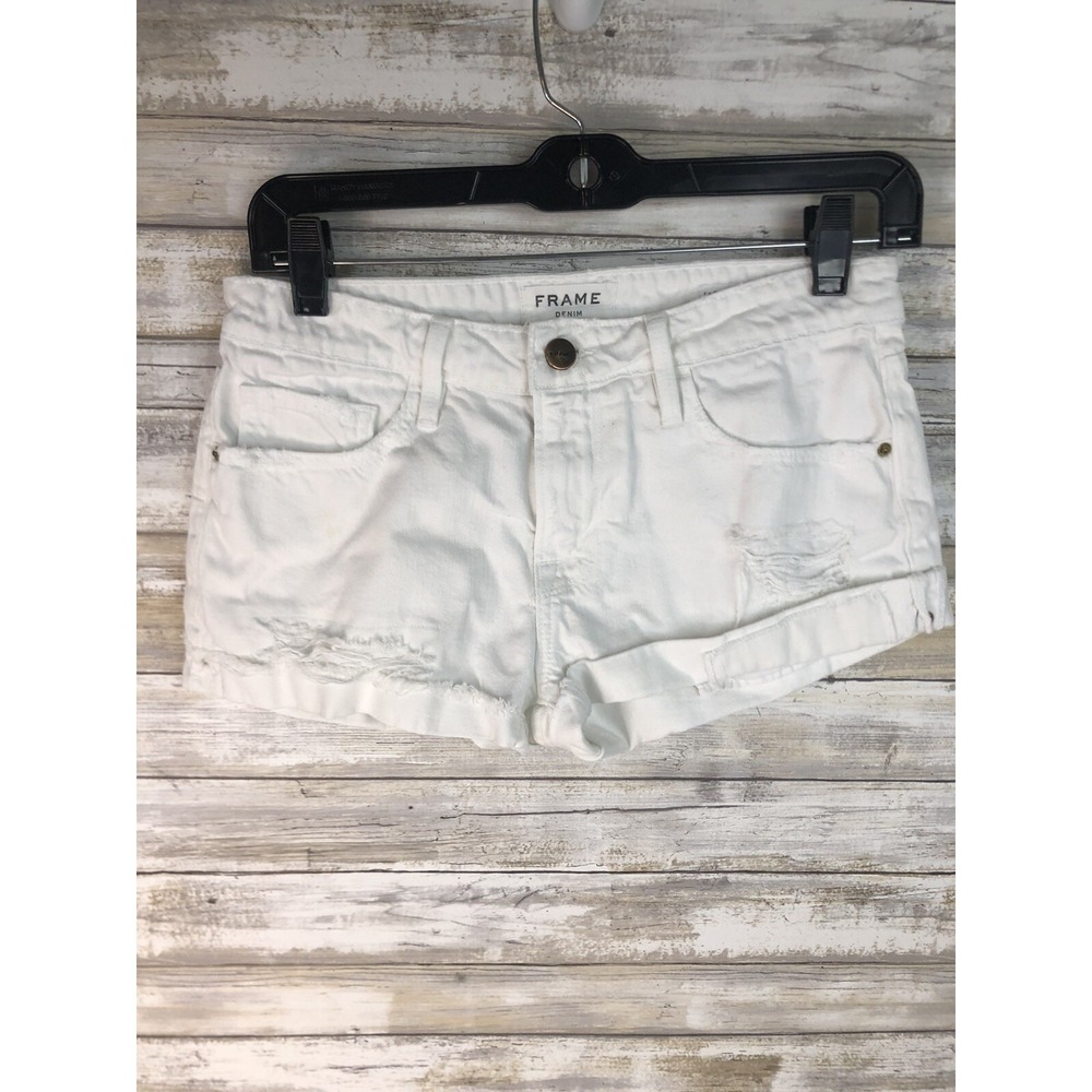 Frame Jean Shorts Le Grand Garcon Cuffed Size 2 Mid Rise Distressed Denim White